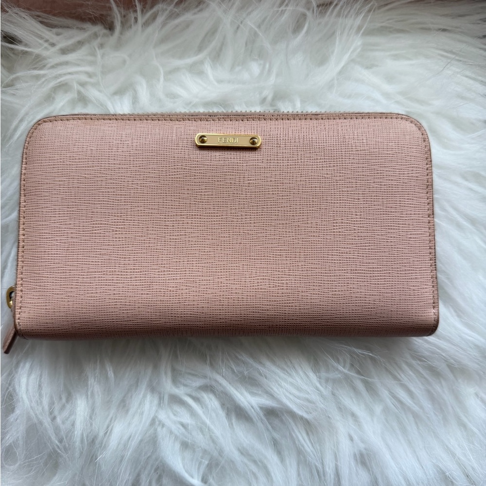 Fendi Blush Leather Zip Wallet with Gold Plaque